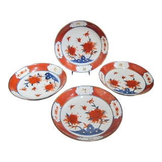 Japanese Imari Red Blue Gold Porcelain Butterfly & Flower Plate Shallow Bowl Set For Sale