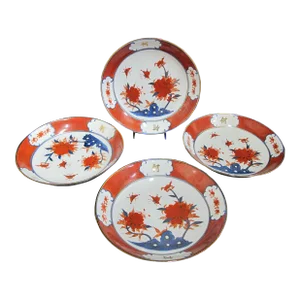 Japanese Imari Red Blue Gold Porcelain Butterfly & Flower Plate Shallow Bowl Set