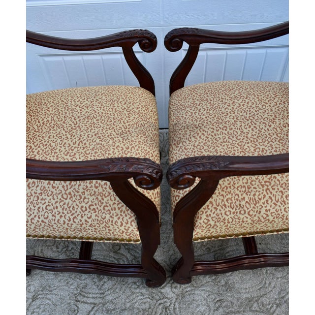 Lane Furniture Laneventure Wood Arm Chairs Tudor Style Carved Stretcher Base Vintage Pair For Sale - Image 4 of 12