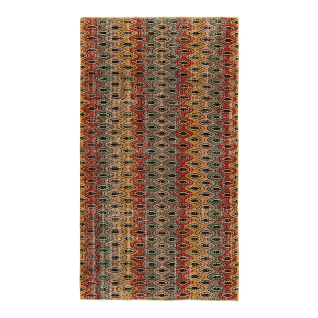 1960s Vintage Distressed Zeki Müren Rug in Red, Gold, Blue, Pink Retro Pattern For Sale