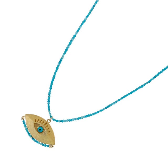 Turquoise Gold Evil Eye Pendant Tiny Turquoise Stone Beaded Positive Necklace For Sale - Image 8 of 9