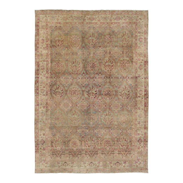 Antique Distressed Kerman Rug, Floral Lattice in Red & Beige Tones - Rug & Kilim For Sale