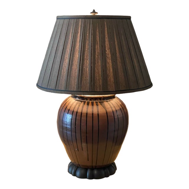 19th Century Japanese Ceramic Drip Glazed Chocolate Lamp With Original Silk Lamshade For Sale