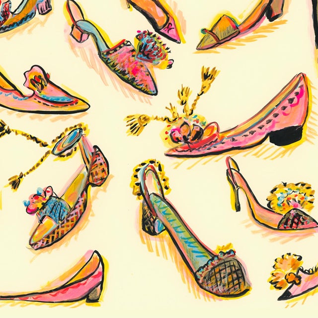 A collection of fantasy shoes of all kinds in vivid colors with a hint of gold, inspired by 18th century slippers to...