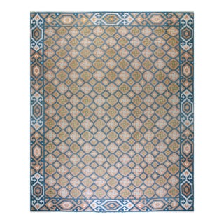 1930s Blue Orange Geometric Antique Indian Cotton Dhurrie Carpet Flatwoven Rug For Sale