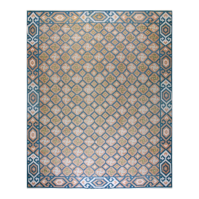 1930s Blue Orange Geometric Antique Indian Cotton Dhurrie Carpet Flatwoven Rug For Sale