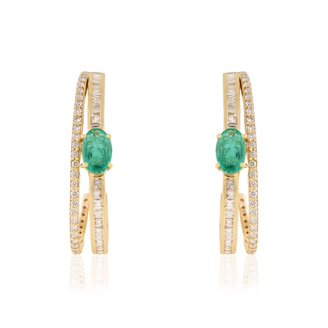Emerald & Diamond Double Row Art Deco Hoop Earrings in 14k Yellow Gold- A Pair For Sale - Image 4 of 13