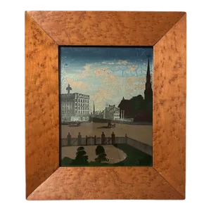 Antique 19th Century Reverse Painted Glass Scenic Landscape / Cityscape Painting of Broadway New York City in Original Burl Maple Frame