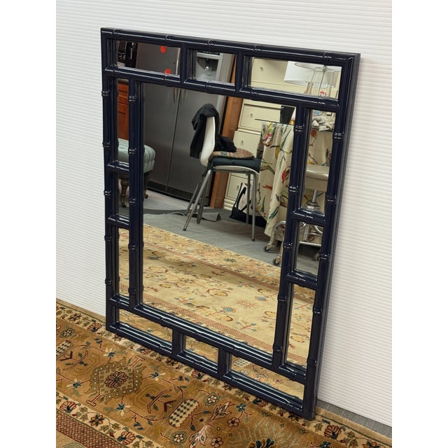 Chinoiserie Lacquered Faux Bamboo Wall Mirror, Navy For Sale - Image 9 of 12