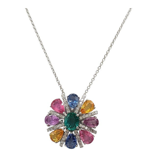 Multi Color Sapphire, Emerald and White Diamond Pendant Necklace in 18K For Sale