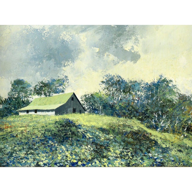 "Near Spring" Green Barn Landscape in Oil on Illustration Board Serene landscape by Warner E. Baird (American, b. 1928). A...