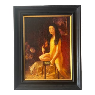 Oil on Canvas European School Framed Signed Titled Girl With a Dog Made in 1986 by Tatiana Zeltzer For Sale