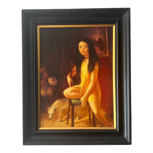 Oil on Canvas European School Framed Signed Titled Girl With a Dog Made in 1986 by Tatiana Zeltzer For Sale