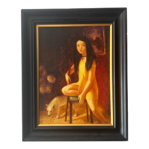 Oil on Canvas European School Framed Signed Titled Girl With a Dog Made in 1986 by Tatiana Zeltzer