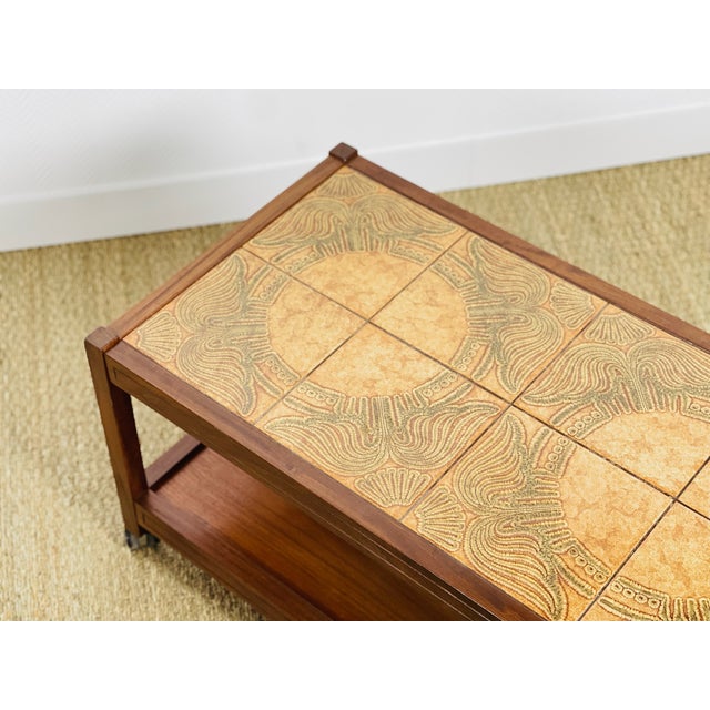1960s Vintage Teak and Ceramic Coffee Table on Casters, 1960s For Sale - Image 5 of 10