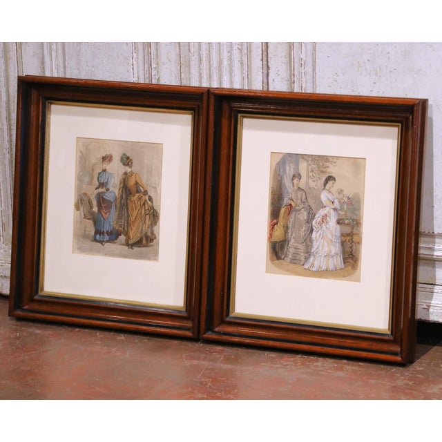 Decorate a dressing room, bedroom, or feminine study with this charming pair of antique French fashion engravings, signed...