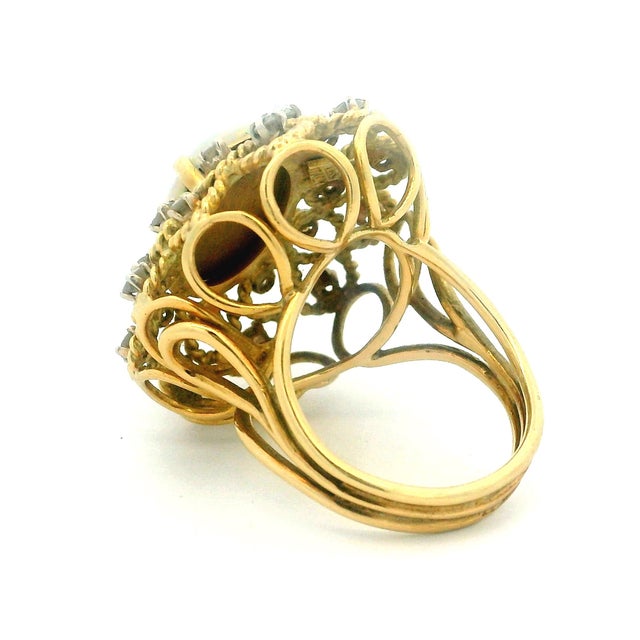 Antique White Vintage Italian Opal & Diamond Cocktail Ring | 14k Gold Mid-Century Statement, Size 6 For Sale - Image 8 of 16