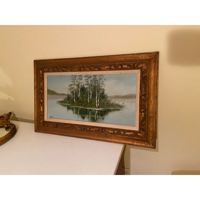 1960s Lake Scene with Trees Original Oil Painting on Canvas Signed Carter, Framed For Sale - Image 9 of 12