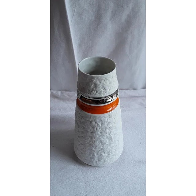 Mid-Century Porcelain Vase with Matt Relief Decor and Shiny Hollow Throats in Orange and Silver from Royal KPM, 1960s, in...