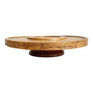 1950s Mid-Century Modern Solid Wood Serving Tray – Carved Edge Pedestal For Sale