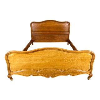 Vintage Louis XV French Double Bed Frame with Carved Oak Headboard For Sale