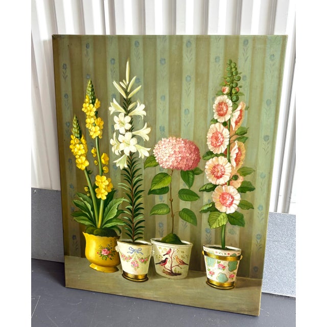 Illustration Vintage Floral Topiary Oil Painting on Canvas by Fabrice De Villeneuve For Sale - Image 3 of 11