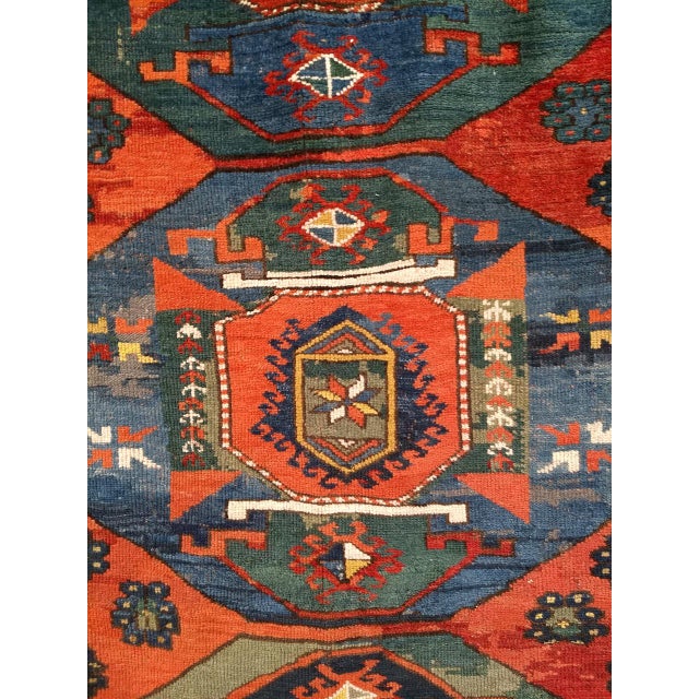 Red Antique Caucasian Kazak Rug, Hand-Knotted Wool Pile, Geometric Design, Red & Blue, 5' x 7' For Sale - Image 8 of 12