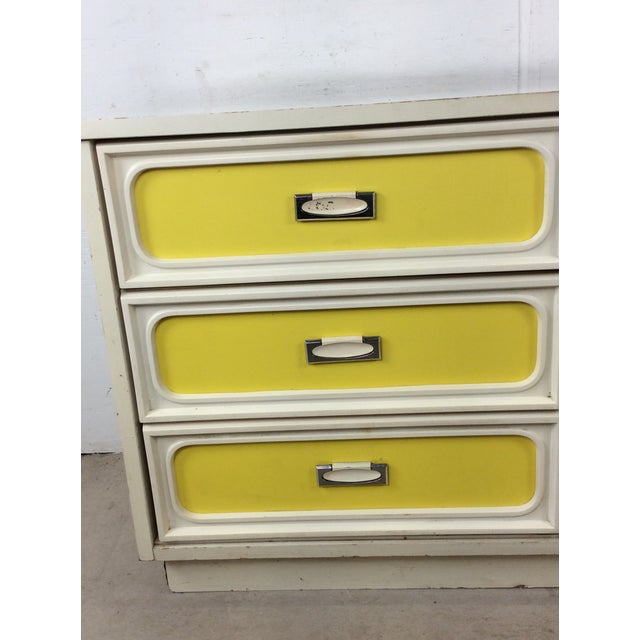 Mid Century Space Age Style Lowboy Dresser With Mounted Mirror & Yellow Drawer Faces For Sale - Image 4 of 18