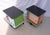 Pair of small, colorful bedside tables on three legs with one door. Lacquered/varnished wood frame Multicolored with...