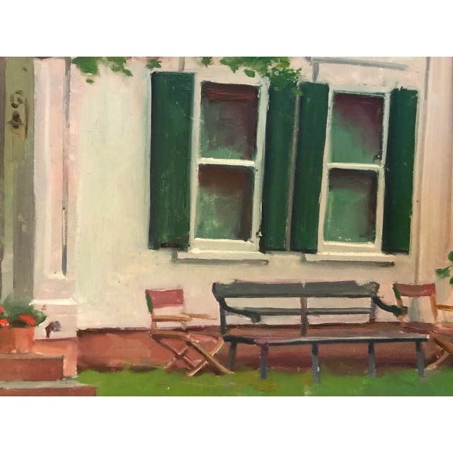 Original, unstretched oil on canvas painting by David Beynon Pena of this green bench in front of a white house is where...