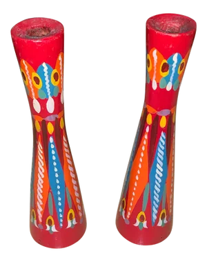 20th Century Folk Art Red and Multicolored Design Wooden Candlestick Holders- a Pair