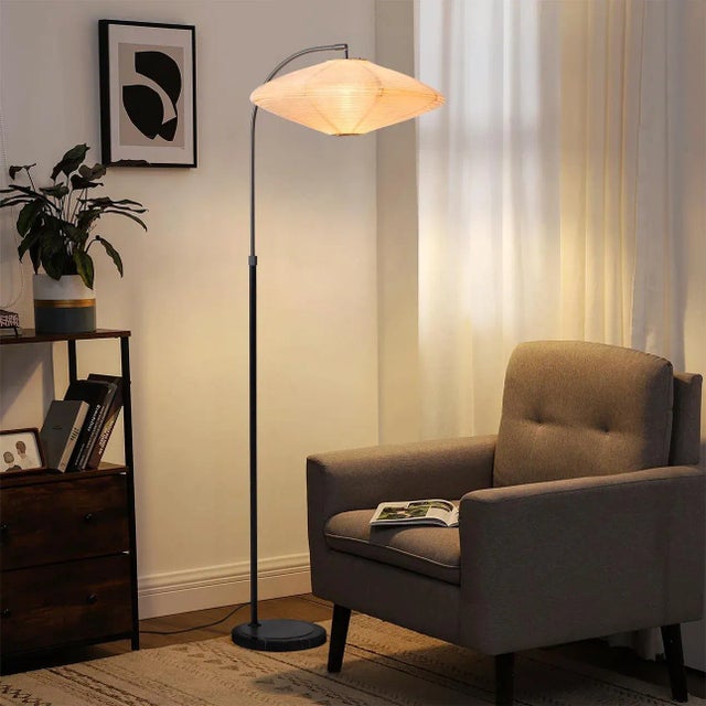 Mid-Century Modern Roswell Floor Lamp - Matte Black Finish, Handcrafted Shinpuru-Sa Linen-Cotton Shade, Black Marble Base, Dimmer For Sale - Image 3 of 12