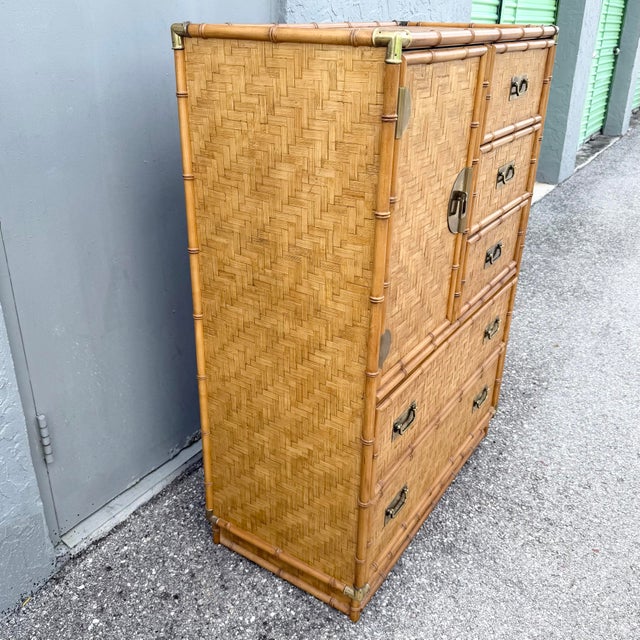 Boho Chic Herringbone Wicker Faux Bamboo Highboy Dresser by Dixie For Sale - Image 11 of 11