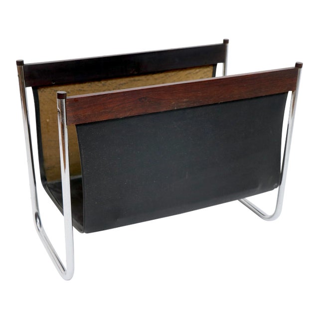 Magazine Rack Catch All in Rosewood Chrome and Vinyl Made in Usa Circa 1970's For Sale