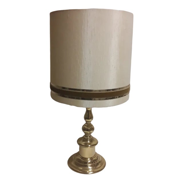 Vintage German Table Lamp with Brass Base and Cream-Colored Fabric Shade, 1970s For Sale