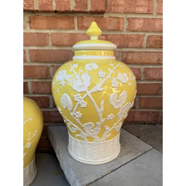 Majolica Mid 20th Century Italian Chinoiserie Yellow Prunus Relief Ginger Jars - A Pair For Sale - Image 4 of 12