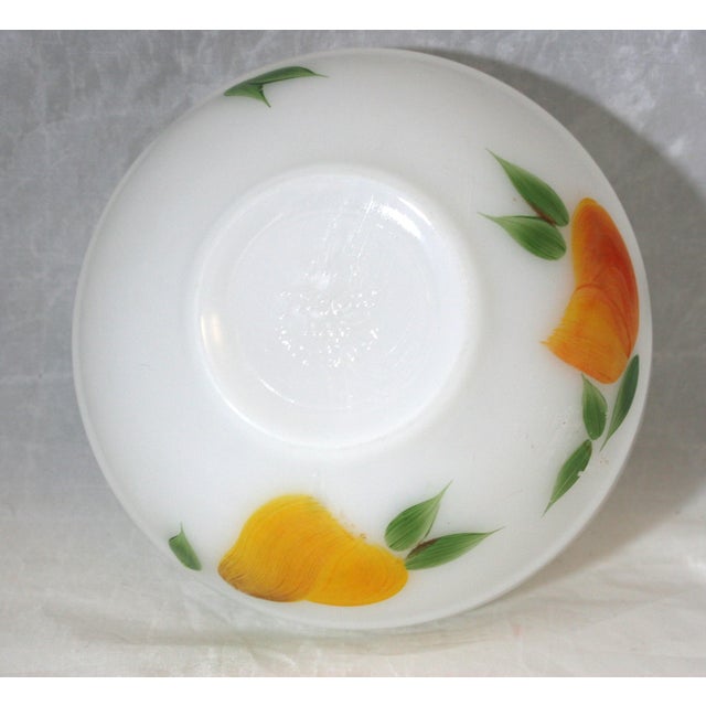 Glass Mid 20th Century Hand Painted Fire King Gay Fad 6" Milk Glass Small Round Bowl Fruit Pattern #16 For Sale - Image 7 of 8
