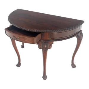 Demi Lune Carved Mahogany Rope Edge Ball & Claw Feet One Drawer Console Table