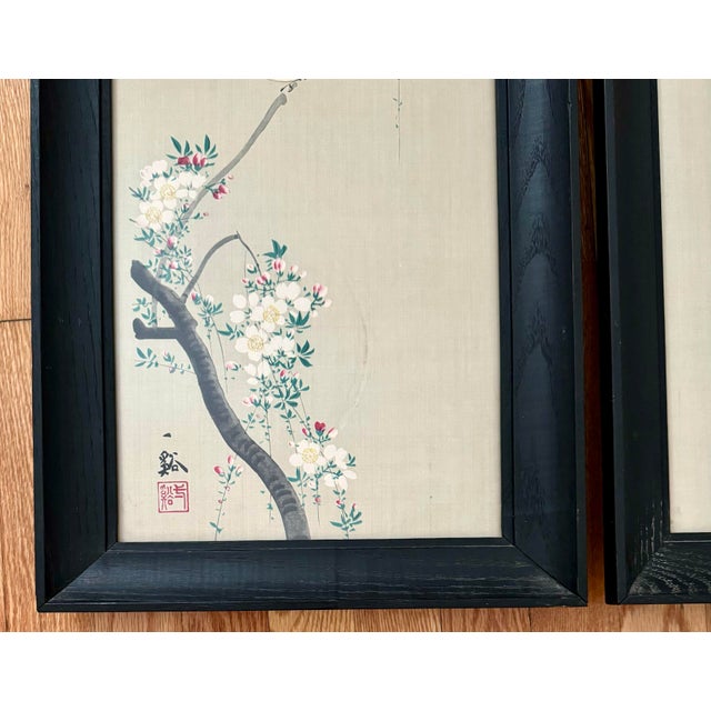 Framed Chinese Silk Bird and Botanicals Paintings, a Pair For Sale - Image 4 of 10