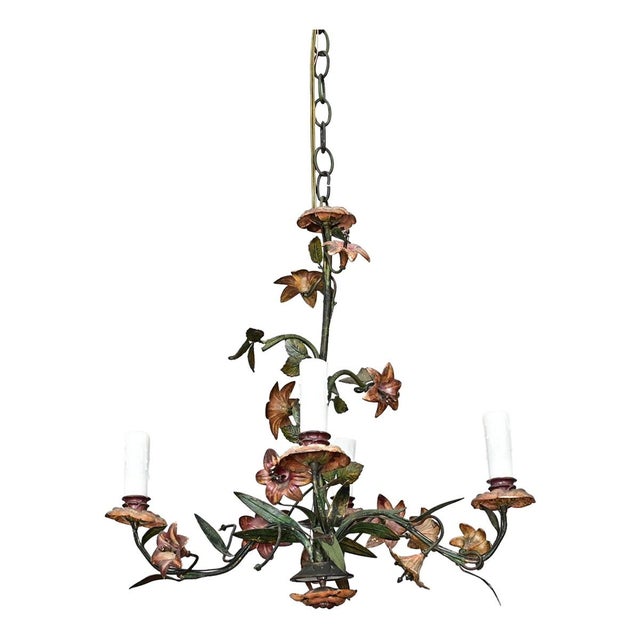Mid 20th Century French Vintage Tôle Painted Floral Chandelier For Sale - Image 5 of 13
