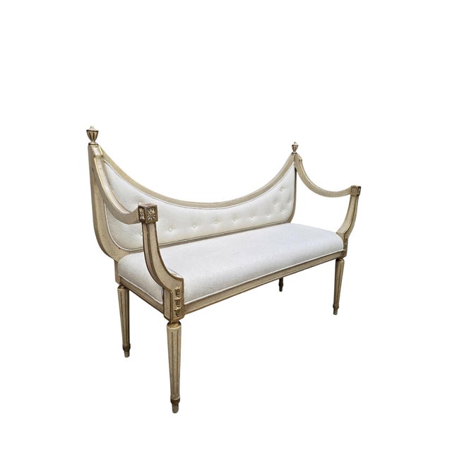 Hollywood Regency Neoclassical Curved Back Upholstered Bench An elegant Hollywood Regency bench showcasing graceful...