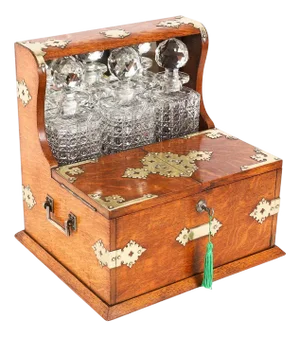 Antique Golden Oak Tantalus Dry Bar Compendium, 1800s, Set of 9