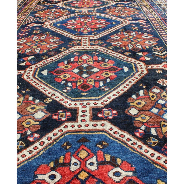 Antique Persian Qashqai Rug With Four-Medallion Design in Blue, Red, Brown Tones 4'1 X 8'3 For Sale - Image 10 of 11