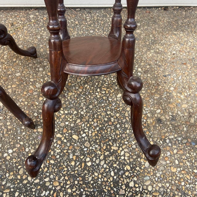 Early 20th Century Victorian Carved Mahogany or Walnut Plant Pedestal Stands Display Columns Torchieres With Turned Legs, a Pair For Sale - Image 6 of 12