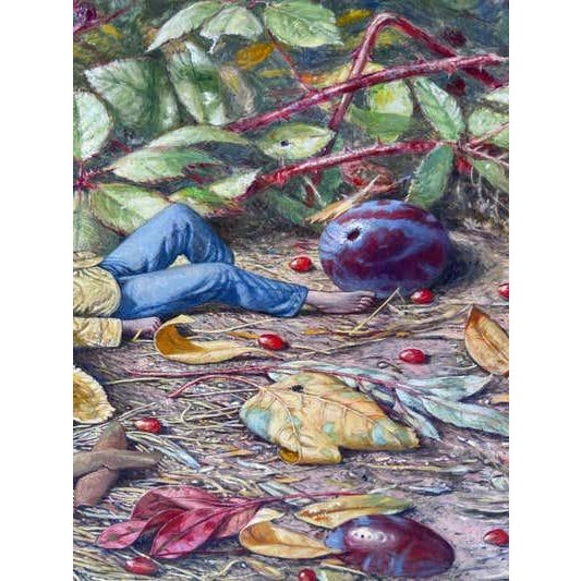 Ronald Bateman Surreal Fantasy Oil Still-Life on Canvas. Reclining figure under a primrose plant with odd plums on the...