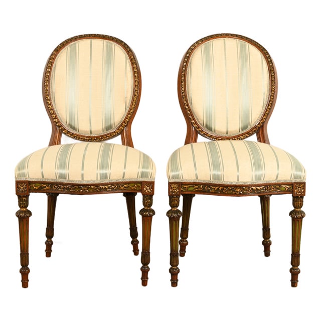 Karges Style French Regency Louis XVI Carved Mahogany and Gold Gilt Side Chairs or Dining Chairs, Pair For Sale