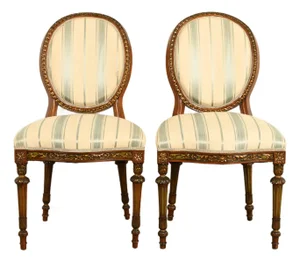 Karges Style French Regency Louis XVI Carved Mahogany and Gold Gilt Side Chairs or Dining Chairs, Pair