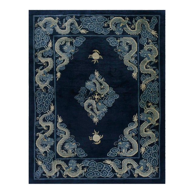 1900s Blue Navy Dragon Medallion Antique Chinese Peking Carpet 4'8" X 5'10" Knotted Wool Rug For Sale