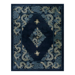 1900s Blue Navy Dragon Medallion Antique Chinese Peking Carpet 4'8" X 5'10" Knotted Wool Rug