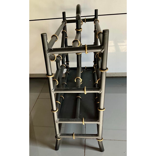2010s Chinoiserie Painted Black & Gold Steel Faux Bamboo Magazine Rack For Sale - Image 5 of 6